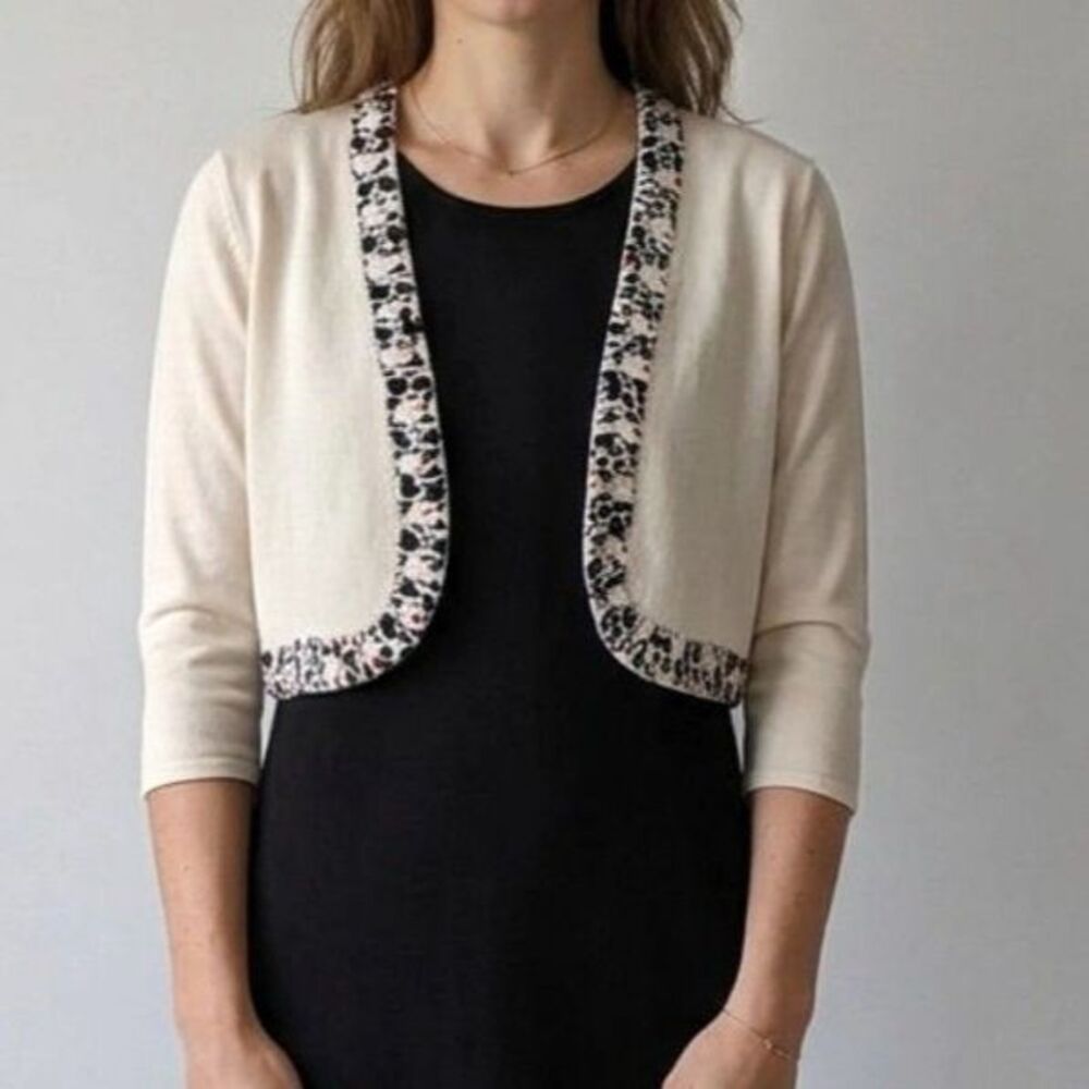 Oscar De La Renta Cream Cashmere & Silk Ruched Polka Dot Trim Bolero
